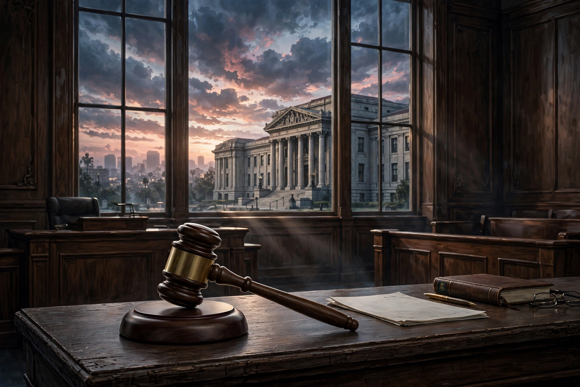 Conceptual courthouse illustration about the Rihanna home shooting suspect's trial ruling