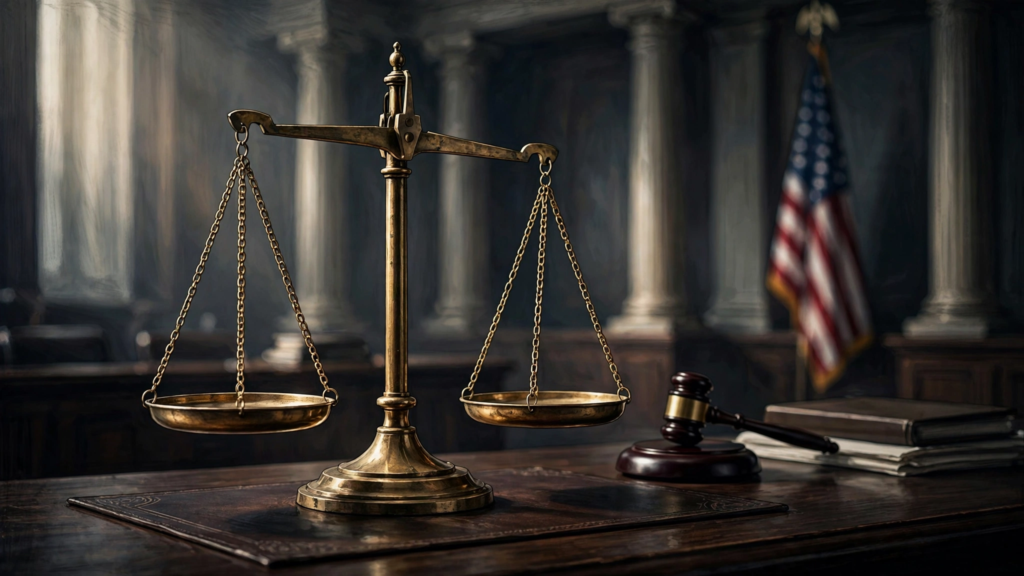 Symbolic gavel and justice illustration related to the Rihanna home shooting case