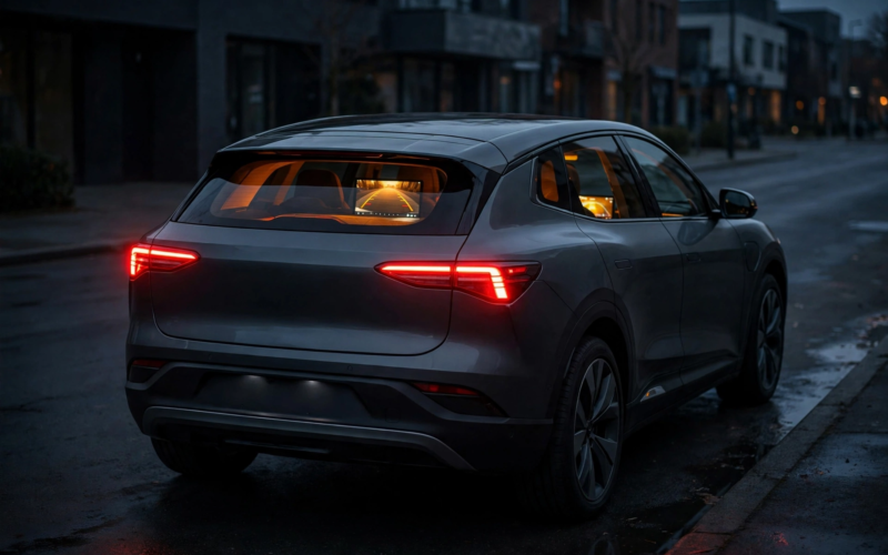 A modern electric SUV at dusk illustrating the Rivian recall R2 rearview camera largest recall, with the backup camera warning glowing on the dashboard