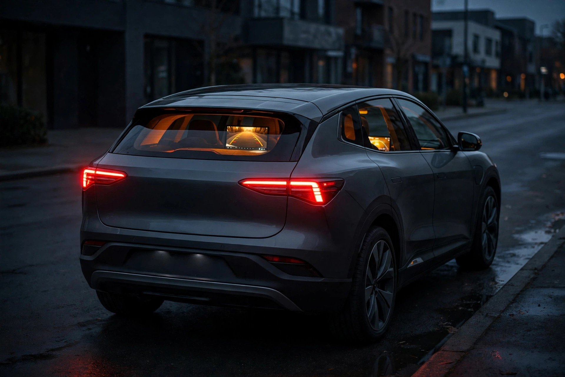 A modern electric SUV at dusk illustrating the Rivian recall R2 rearview camera largest recall, with the backup camera warning glowing on the dashboard