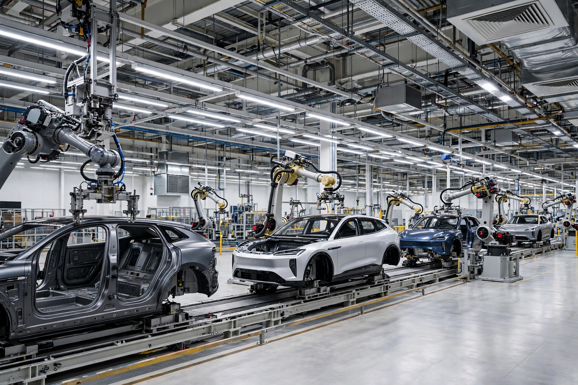 Robotic arms assembling electric SUVs on a factory line, referencing the scale of the Rivian recall R2 rearview camera largest recall