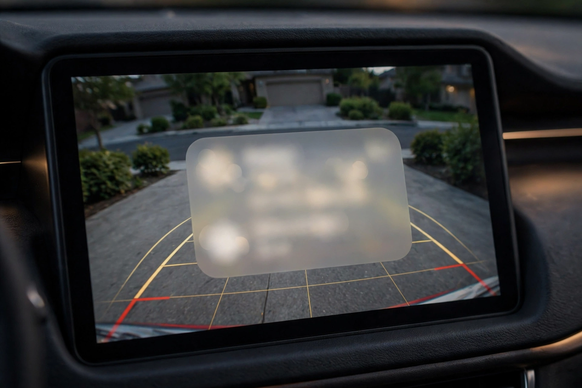 Car dashboard infotainment screen showing a blocked backup camera view in the Rivian recall R2 rearview camera largest recall