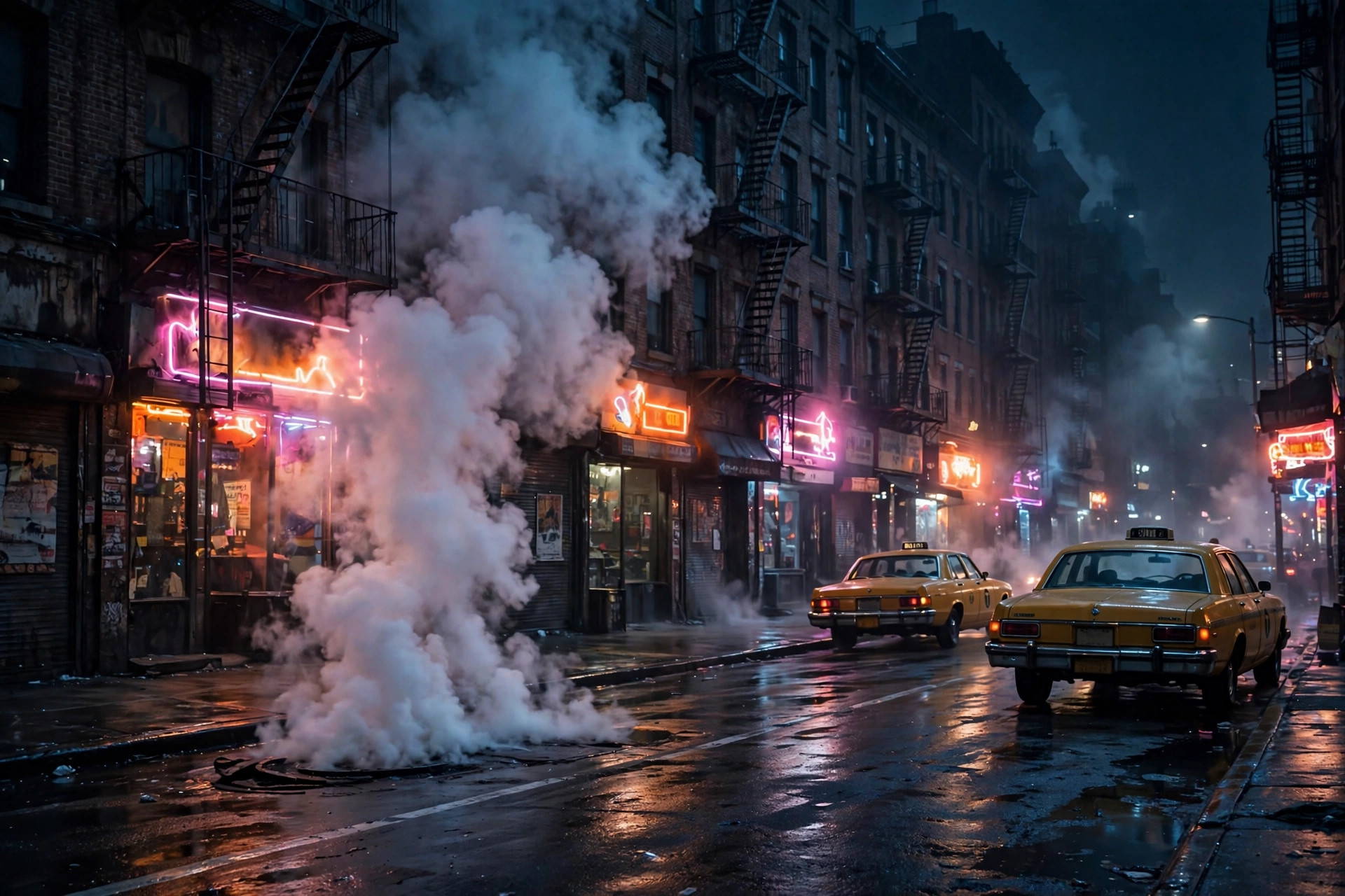 1980s New York street at night evoking the film's 1986 setting