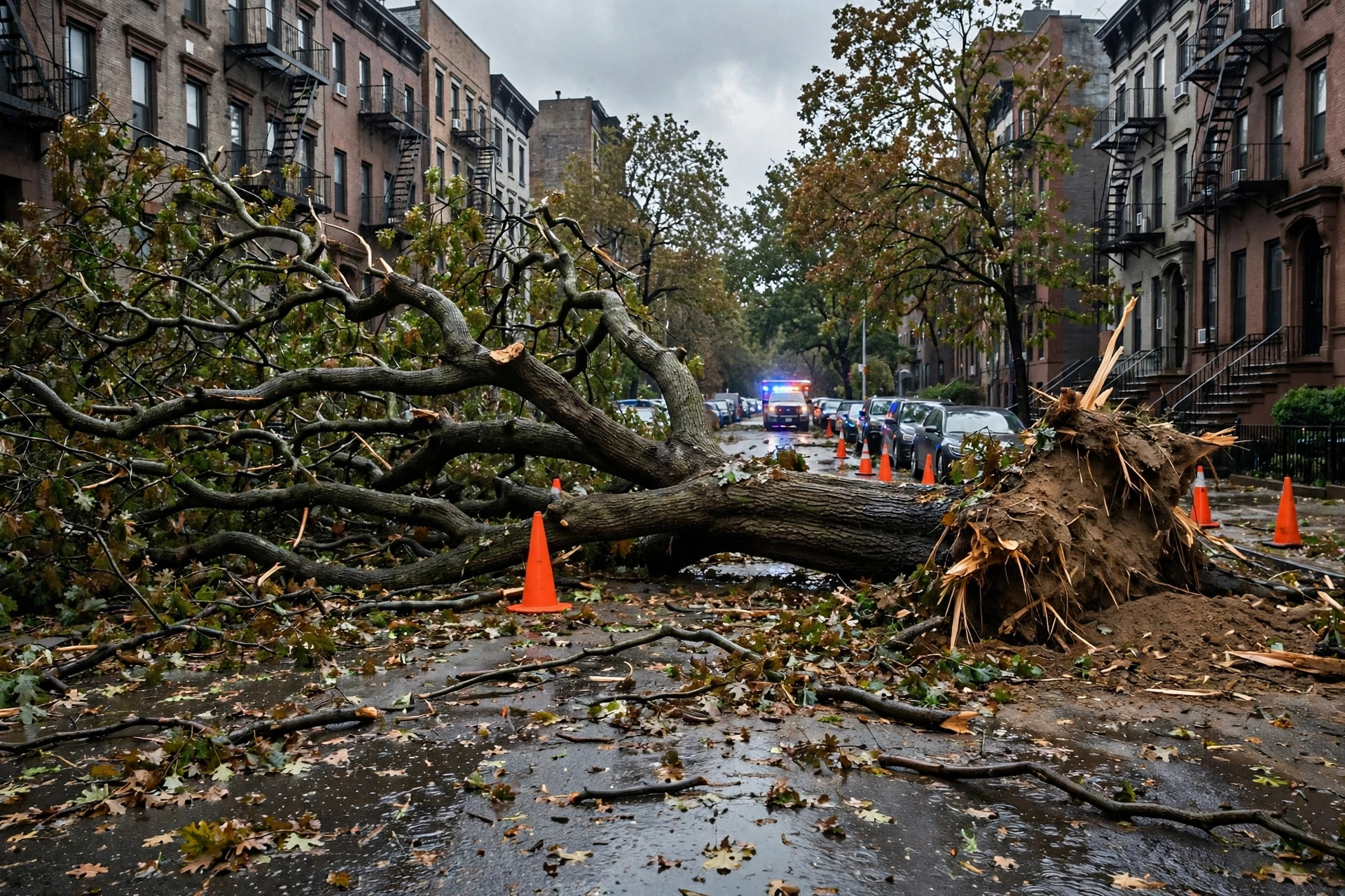 Fallen tree blocking a Brooklyn street after the September 2026 noreaster