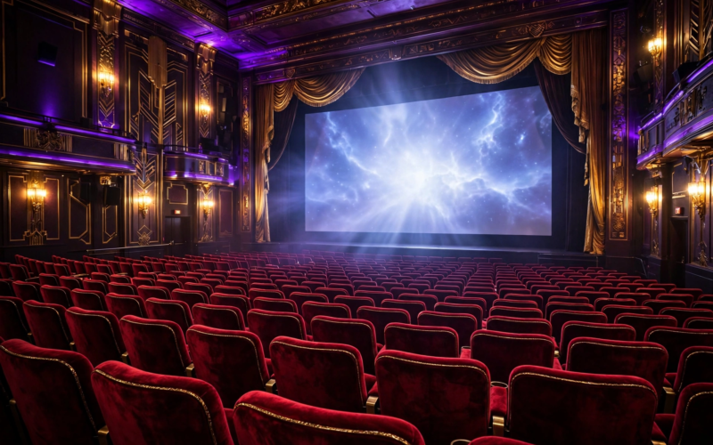 Empty red velvet theater seats facing a glowing screen under purple and gold light, illustrating the September box office 2026 four-way $20M showdown.