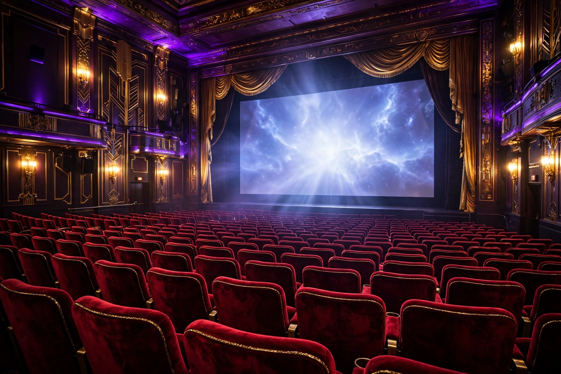 Empty red velvet theater seats facing a glowing screen under purple and gold light, illustrating the September box office 2026 four-way $20M showdown.