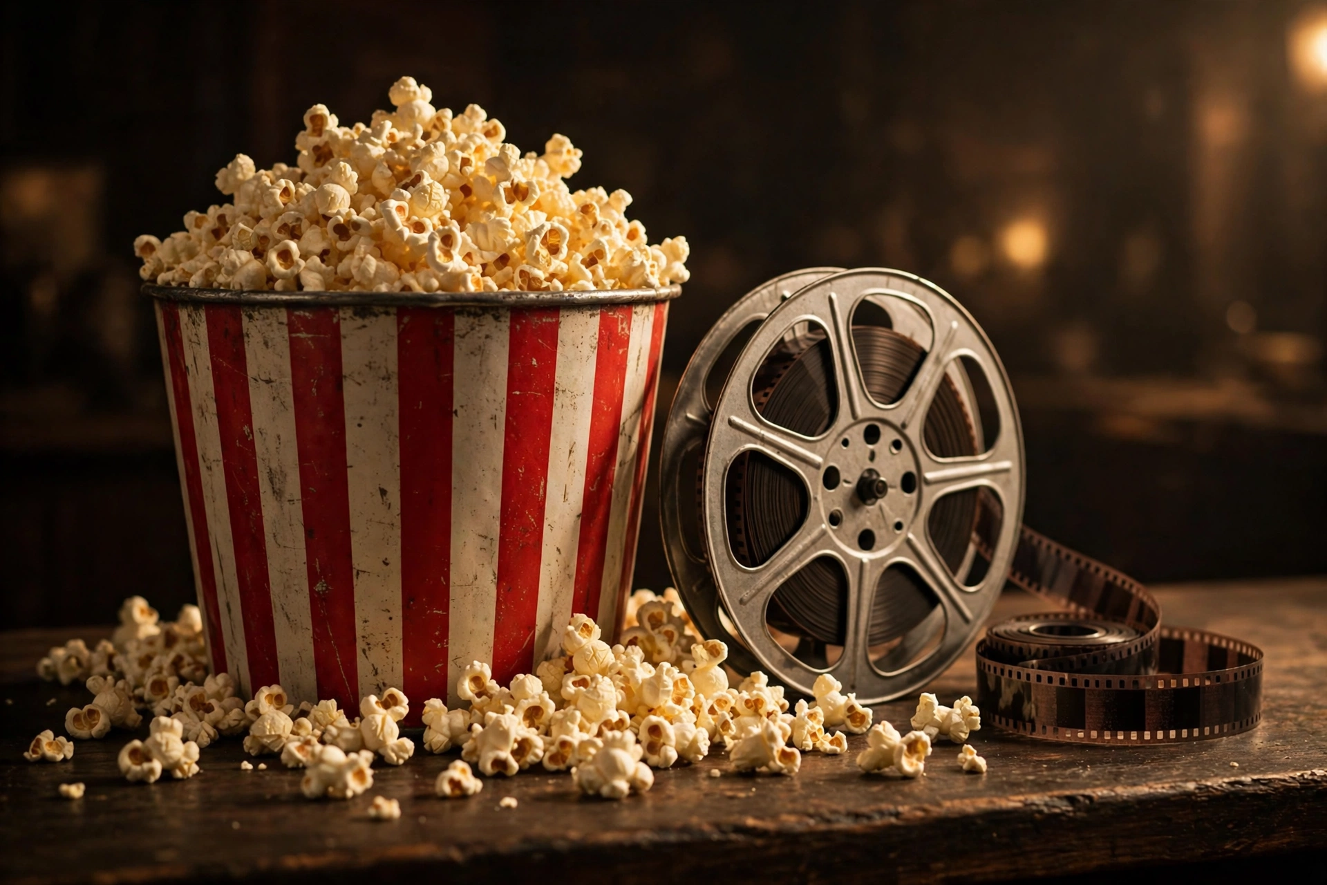 Overflowing vintage popcorn bucket beside a classic film reel on a wooden counter, evoking the September box office 2026 weekend.