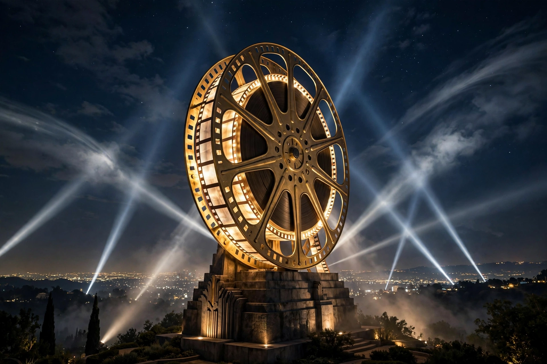 Giant illuminated film reel against a night sky with sweeping searchlights, capturing the September box office 2026 Hollywood showdown mood.