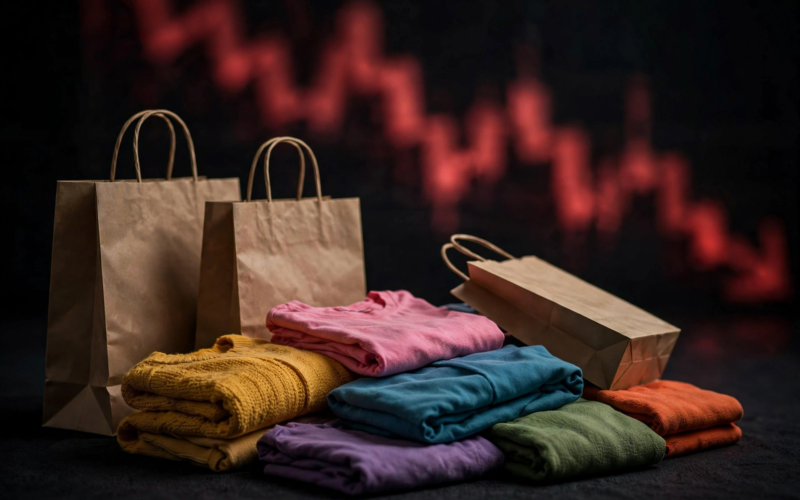 A smartphone showing a fashion shopping app beside folded clothes illustrating the Shein first earnings stock Hong Kong listing story
