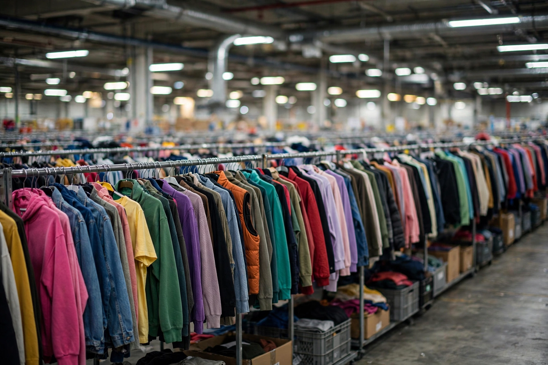 Endless racks of affordable clothing in a warehouse illustrating the Shein first earnings stock Hong Kong listing challenges