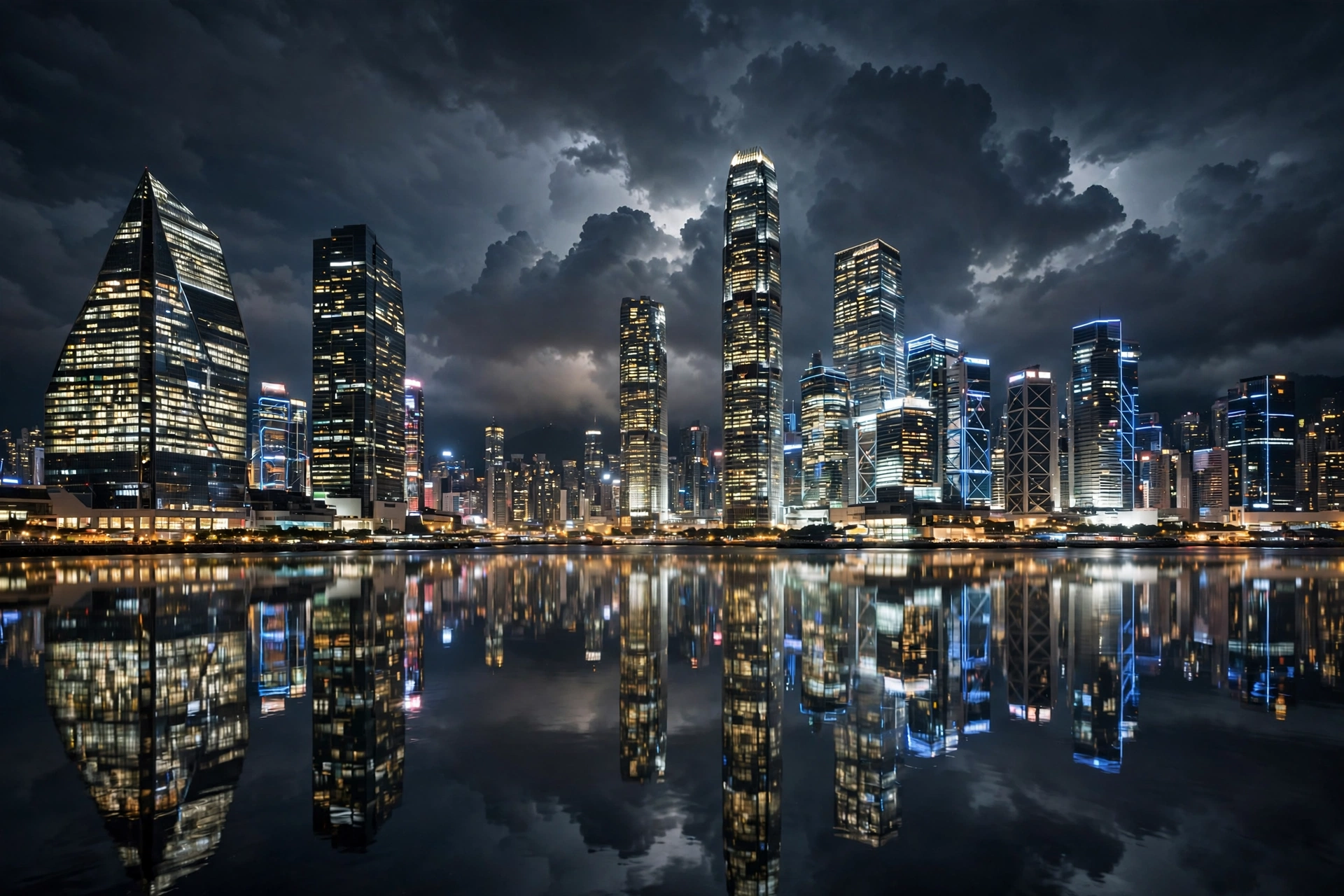 A modern Asian financial district skyline at night evoking the Shein first earnings stock Hong Kong listing debut