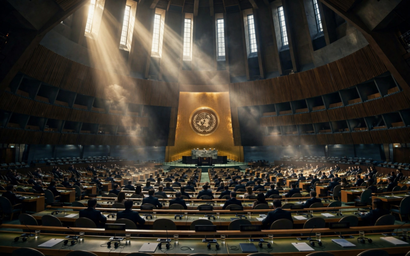 UN General Assembly hall interior as South Korea demands a Ukraine apology over the North Korean POW transfer disclosure