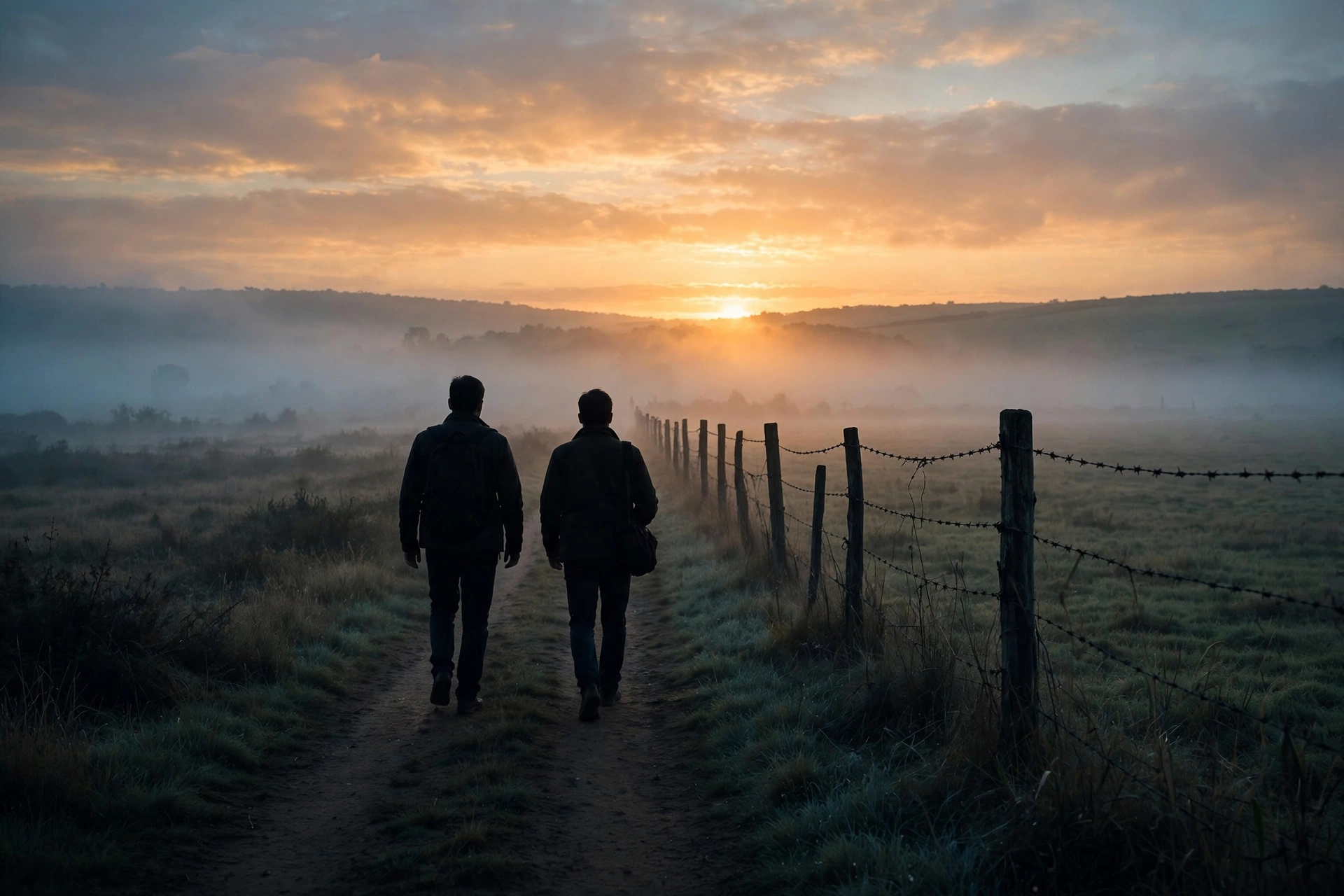 Two silhouetted figures walking toward sunrise along a barbed-wire fence, evoking the transferred North Korean POWs