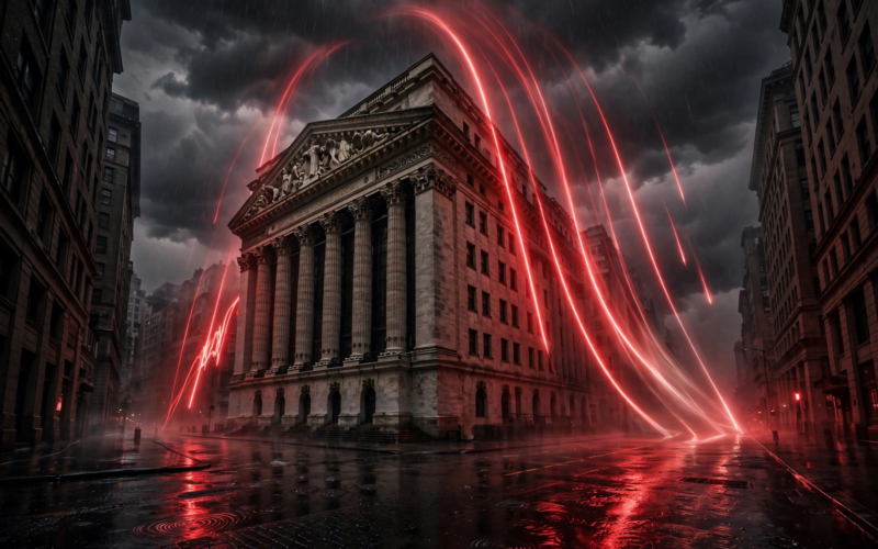 S&P 500 drops Treasury yields — Wall Street scene with a bearish red-tinted market atmosphere