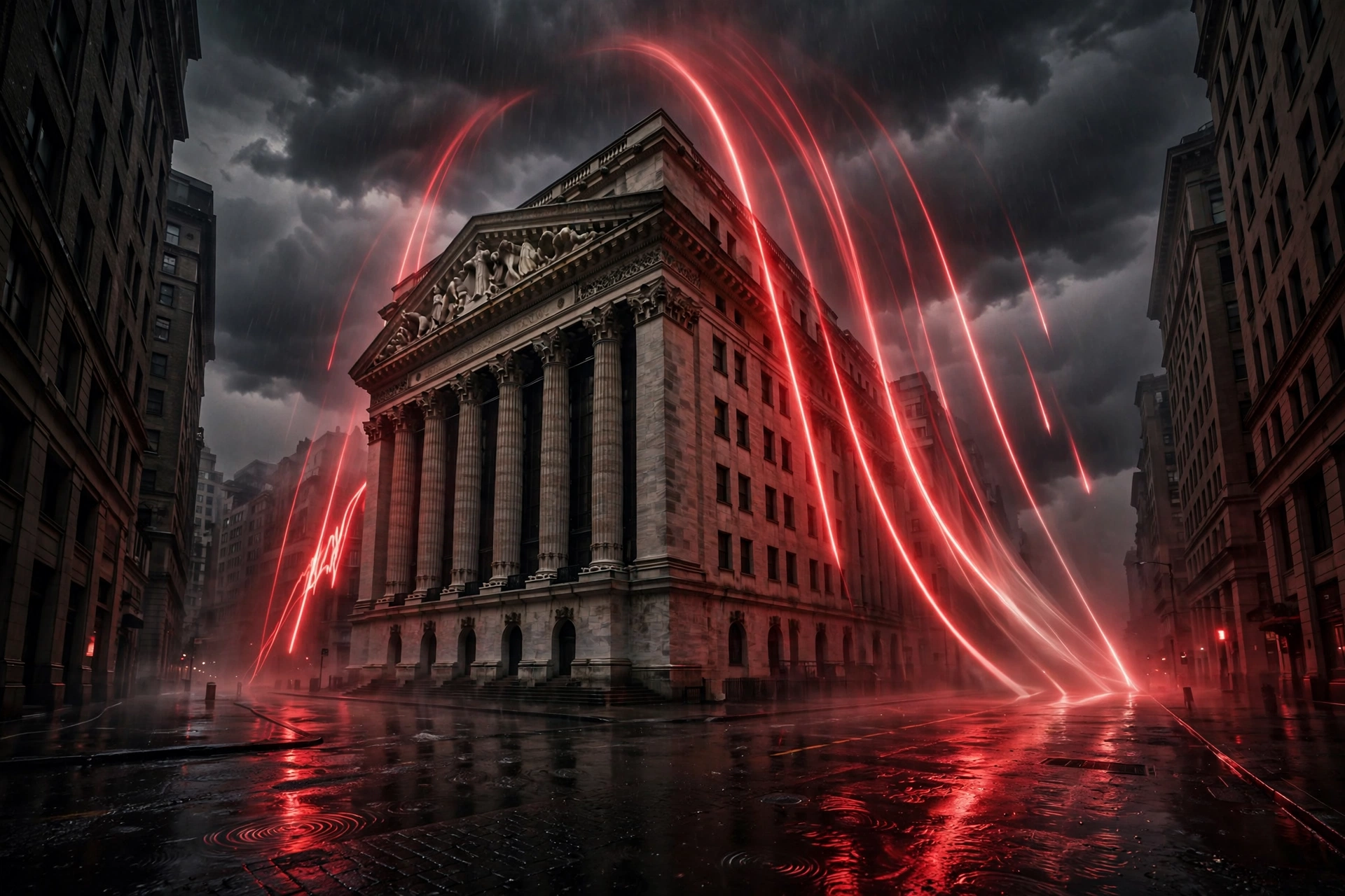 S&P 500 drops Treasury yields — Wall Street scene with a bearish red-tinted market atmosphere