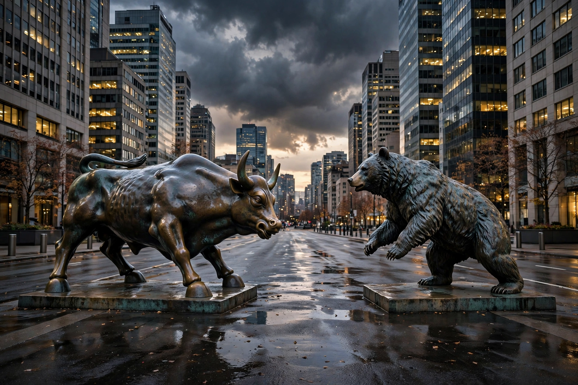 Bull and bear statue with dramatic skies, capturing the S&P 500 drops Treasury yields market tension