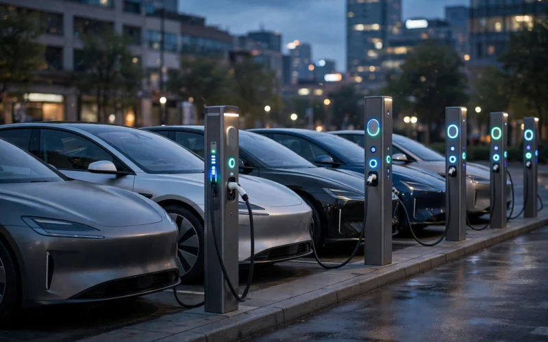 Electric car charging at a row of charging stations at dusk, Tesla US EV market share growth