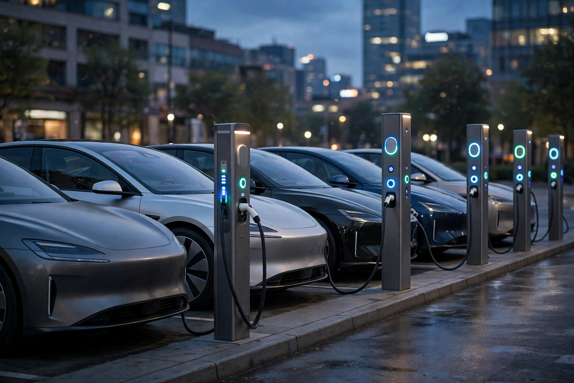 Electric car charging at a row of charging stations at dusk, Tesla US EV market share growth