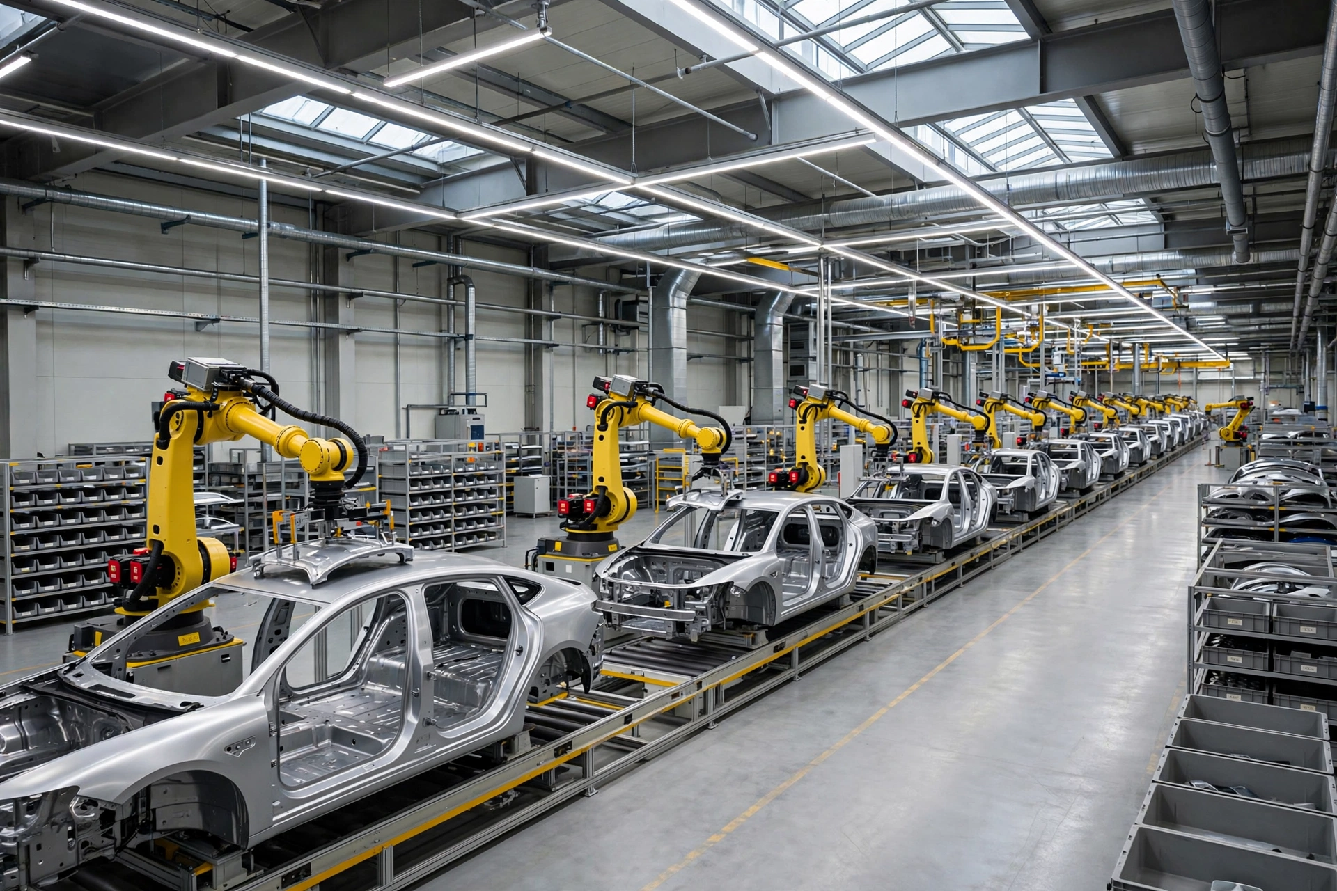 Electric vehicle assembly line inside a modern factory, EV production