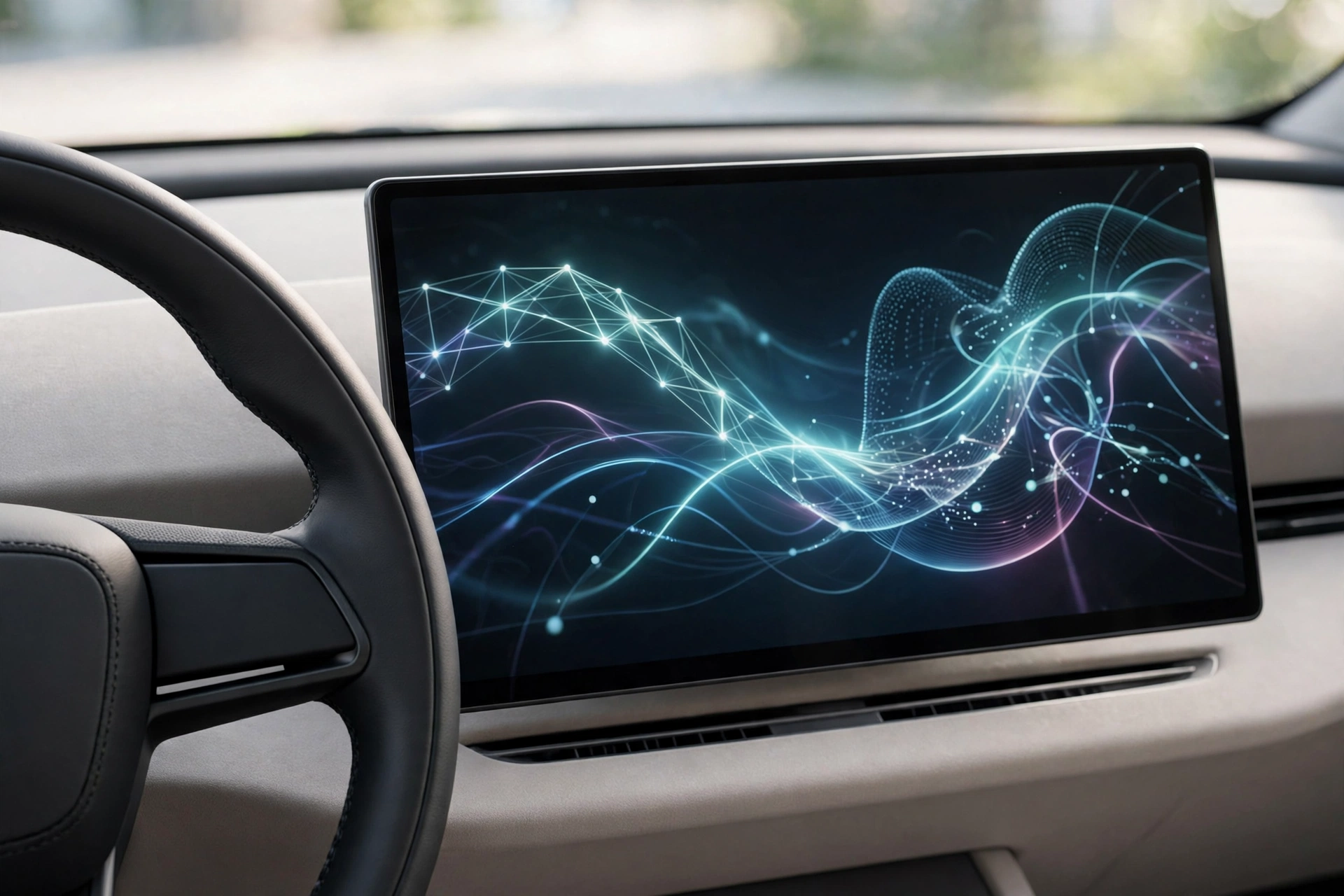 Modern car dashboard close-up with a large touchscreen display, electric vehicle interior