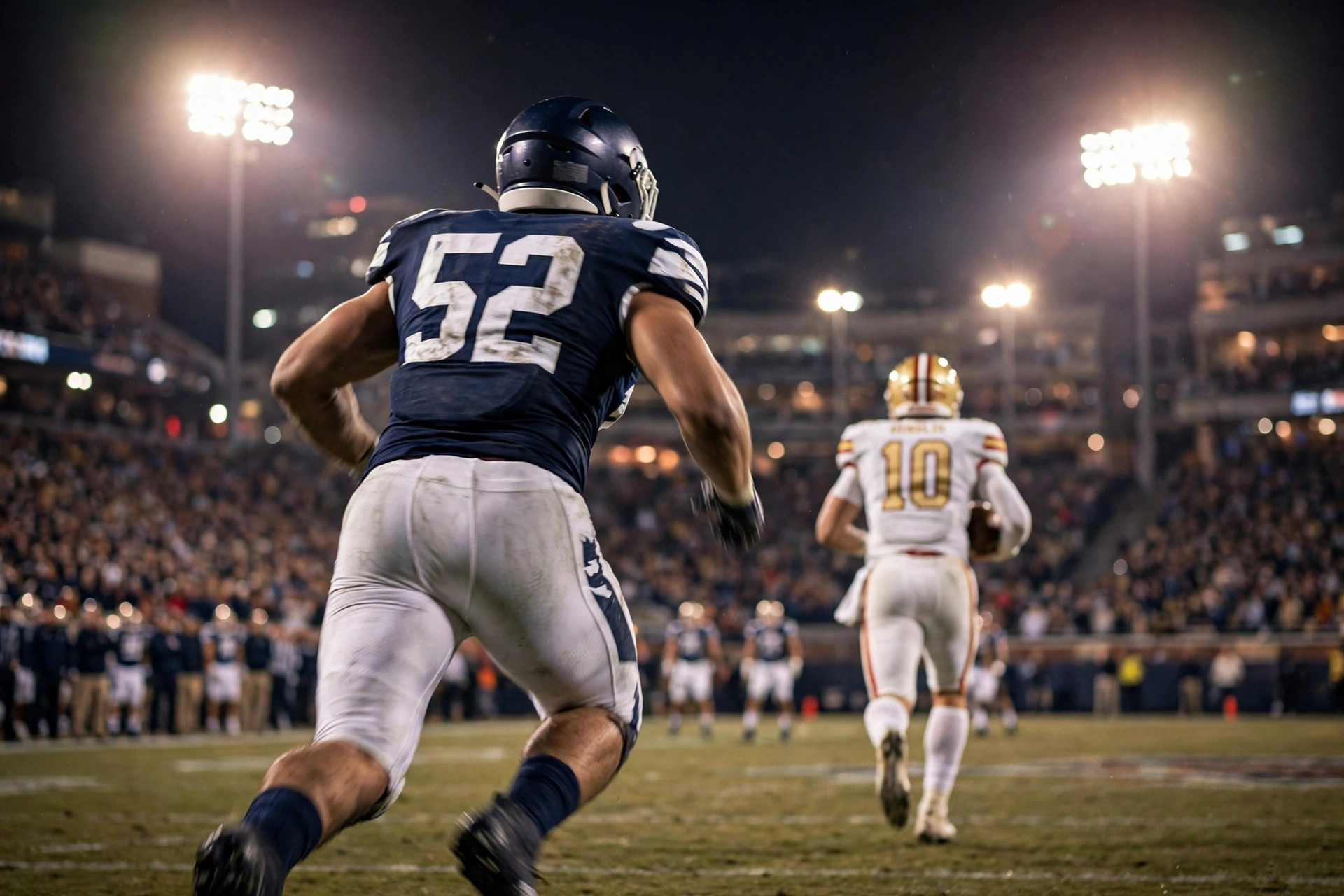 College football defender rushing the quarterback at night, seen from behind