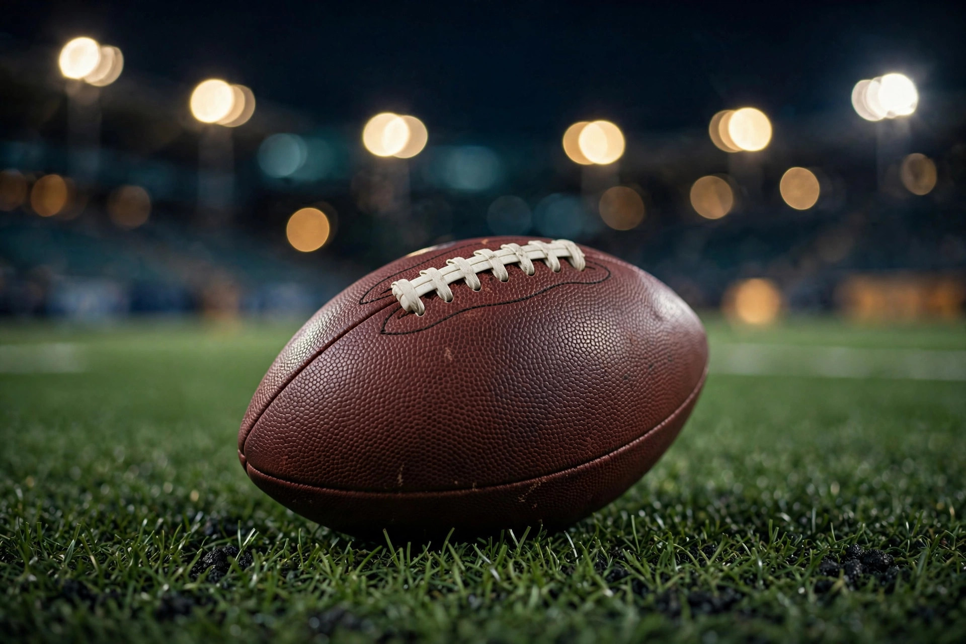 Football on the turf at night with blurred stadium lights in the background