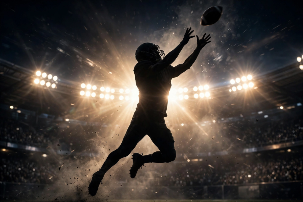 Defender silhouette intercepting a football at night, recalling the Travis Hunter first interception