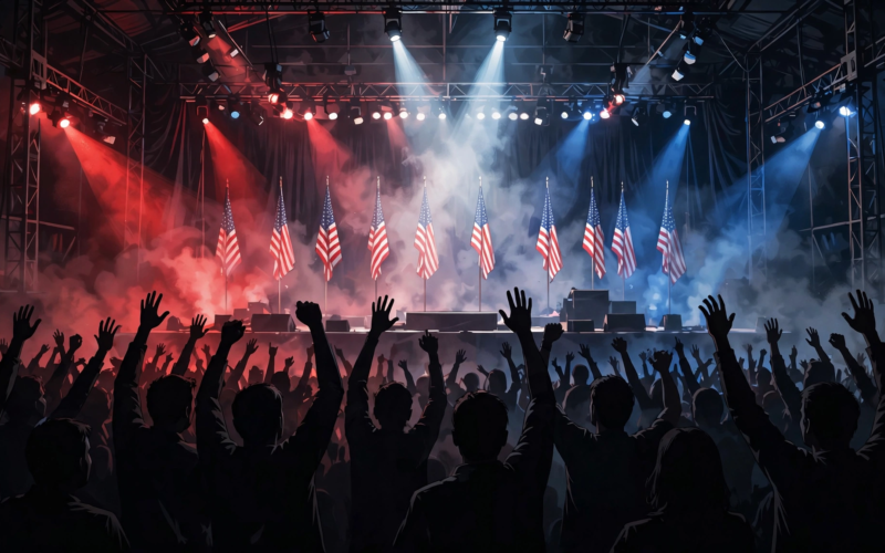 Illustrative image of a campaign rally stage with flags and crowd silhouettes for the Trump 32-day campaign tour