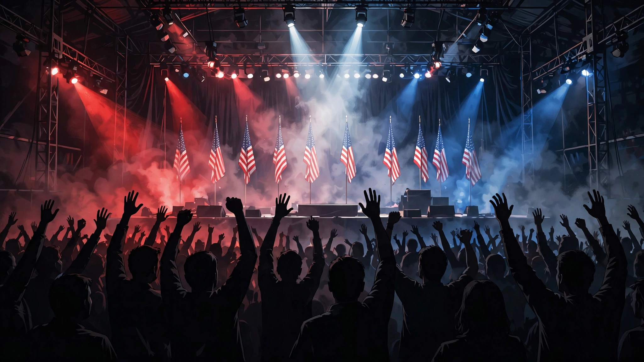 Illustrative image of a campaign rally stage with flags and crowd silhouettes for the Trump 32-day campaign tour