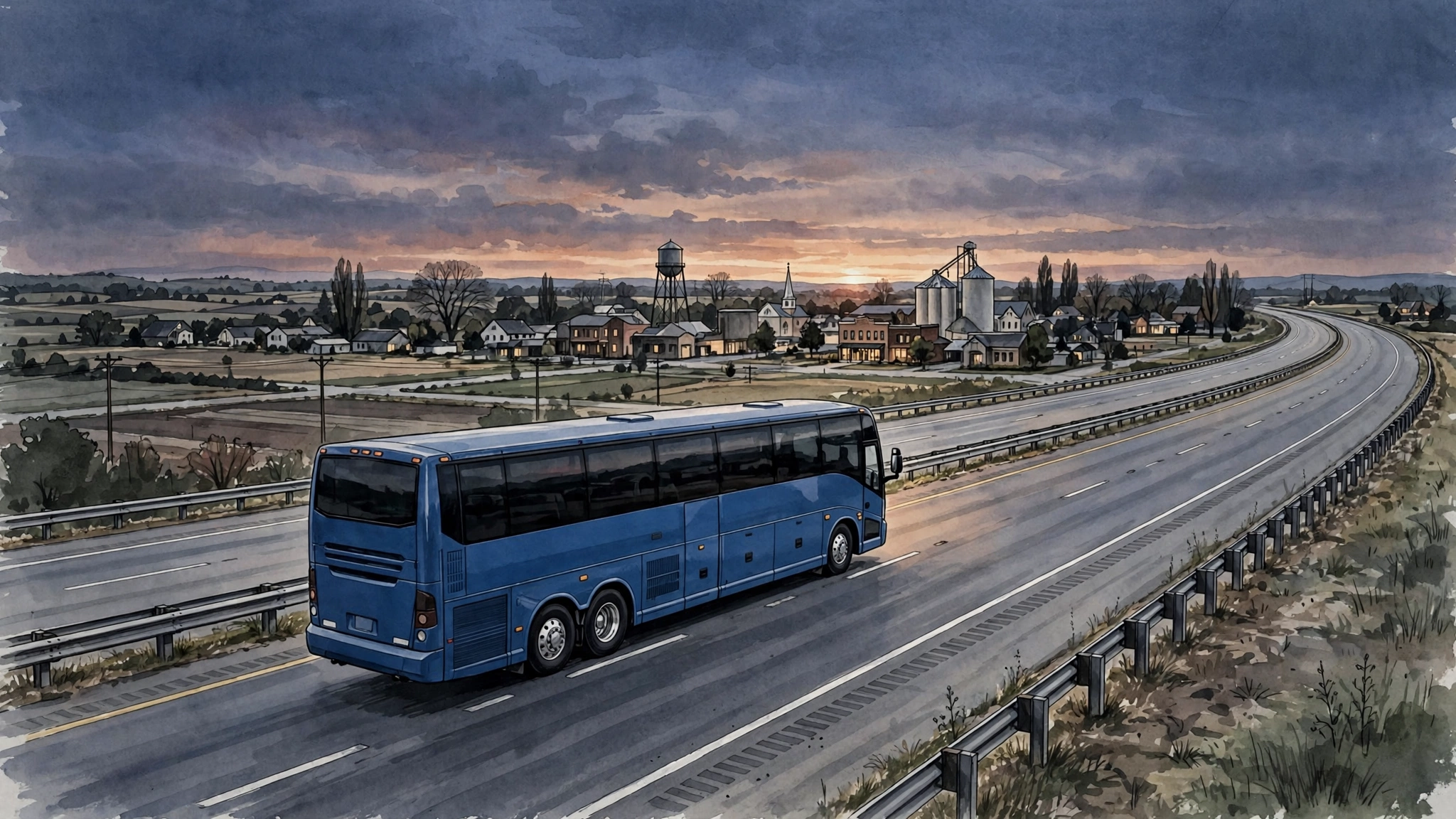 Illustrative image of a campaign tour bus on an American highway during the Trump 32-day campaign tour