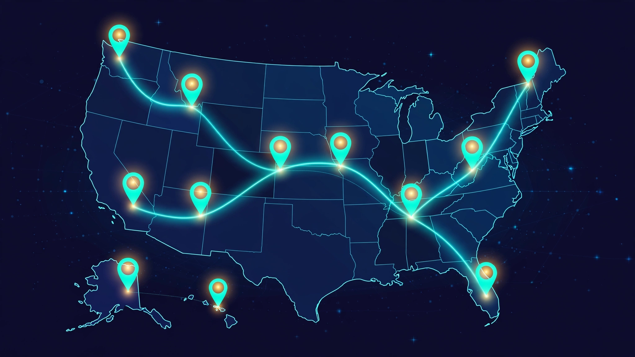 Illustrative image of a map of the United States marked with campaign stops for the Trump 32-day campaign tour