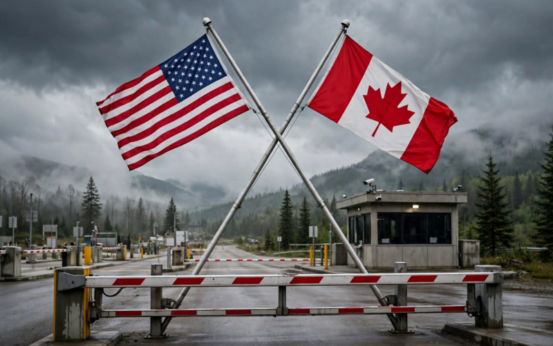 Illustration of the US and Canadian flags at a closed border crossing representing the Trump Canada import ban taking effect