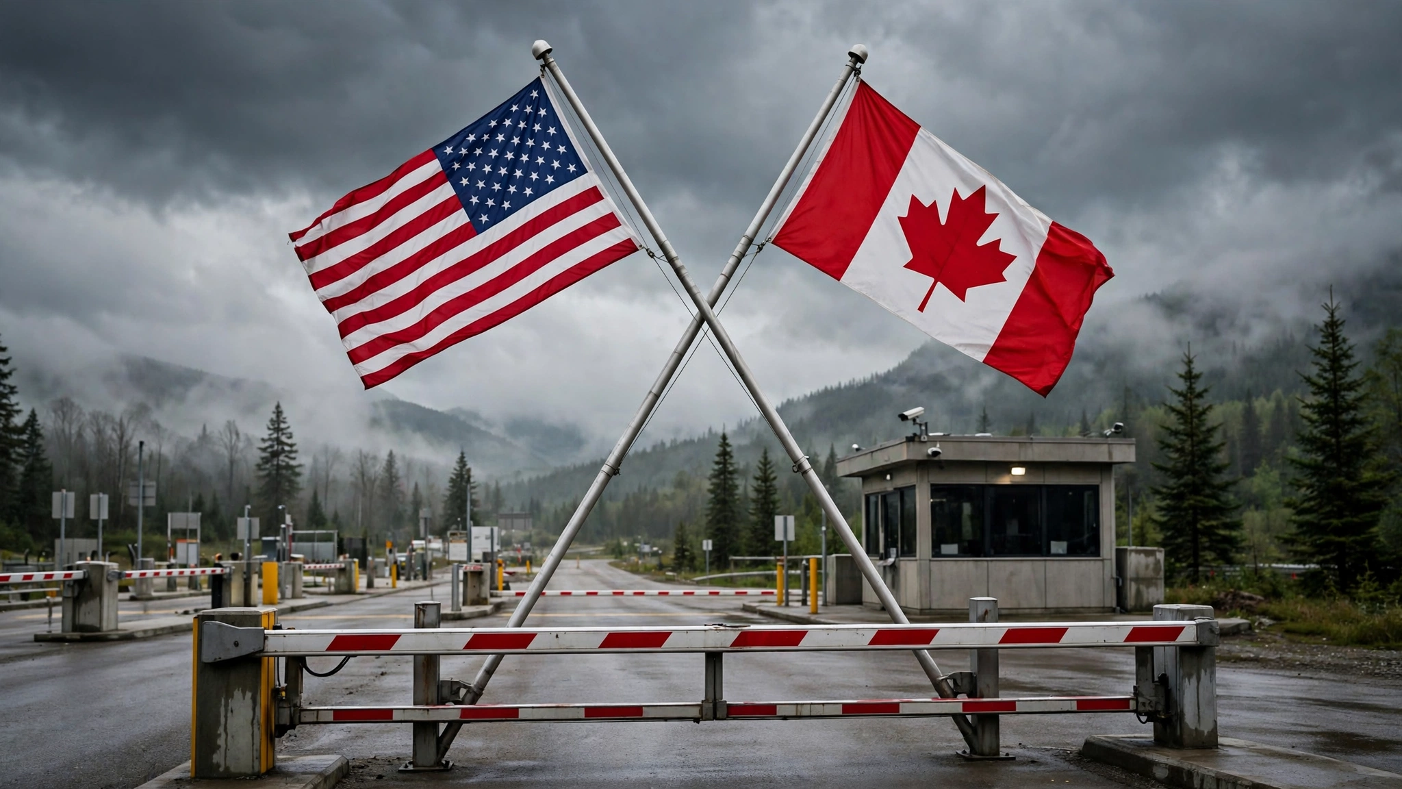 Illustration of the US and Canadian flags at a closed border crossing representing the Trump Canada import ban taking effect