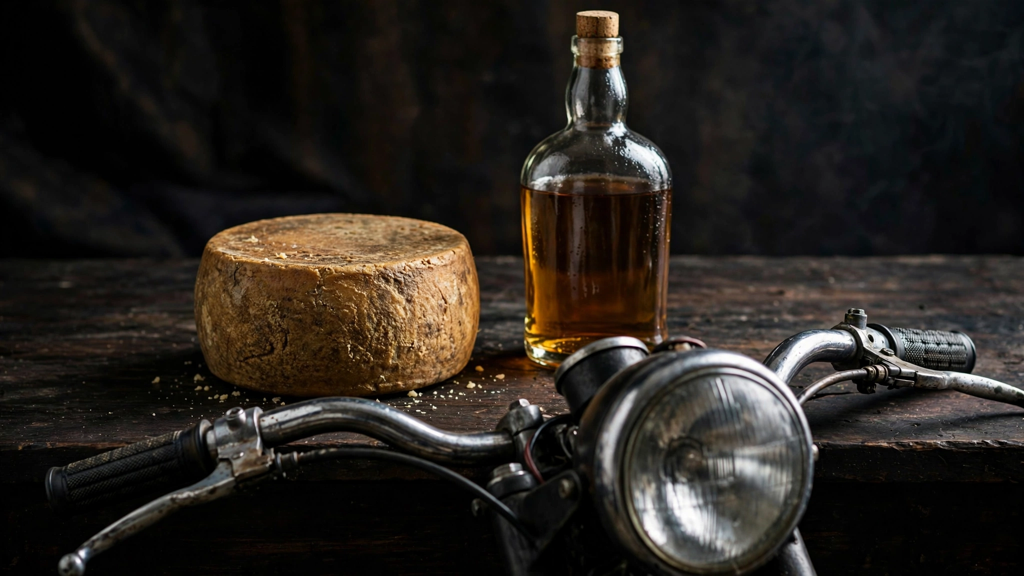 AI-composed still-life of a whisky bottle, cheese wheel and motorcycle symbolizing goods hit by the Trump Canada import ban