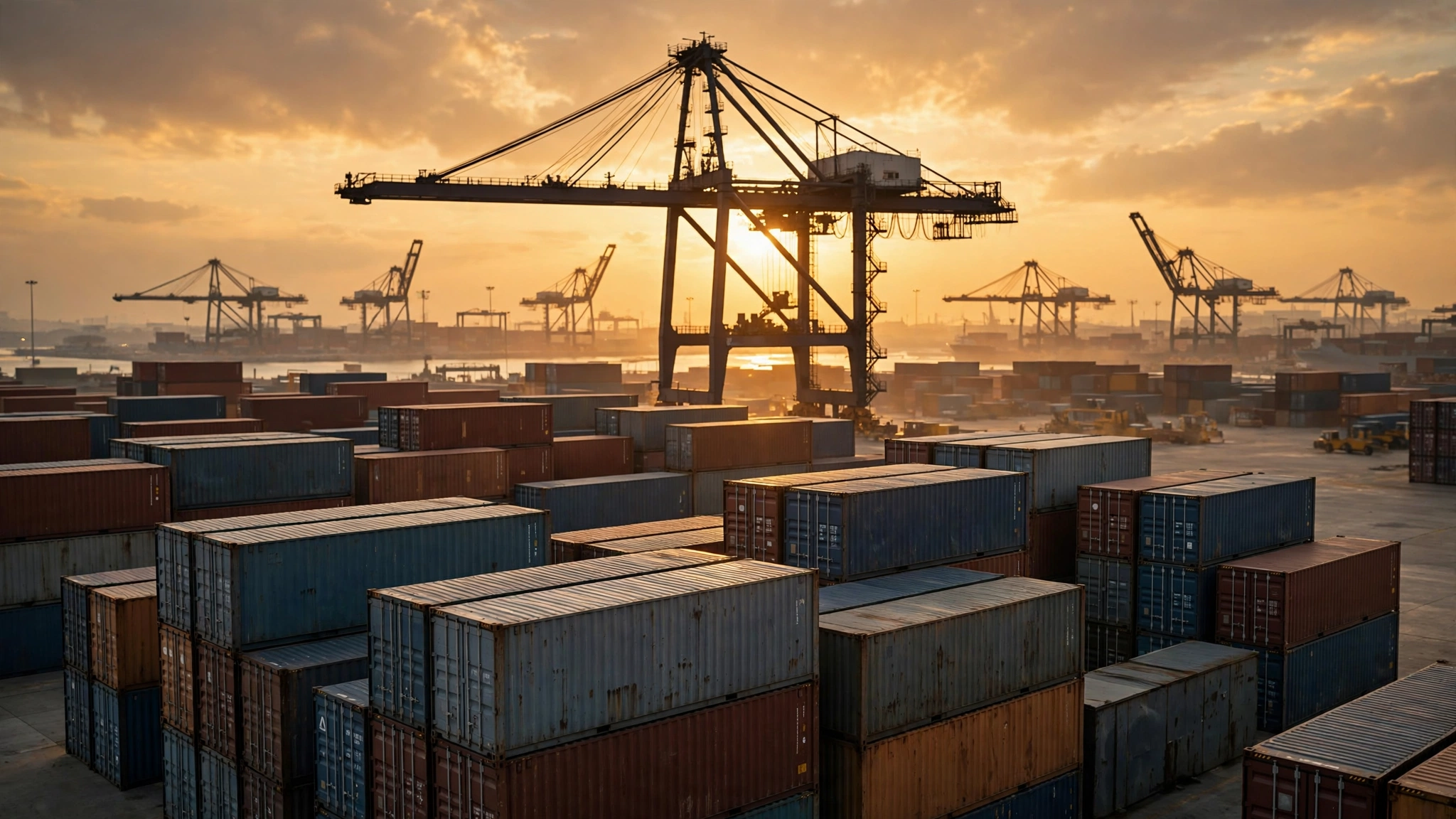 Illustration of shipping containers stacked at a port terminal depicting trade stakes in the Trump Canada import ban dispute