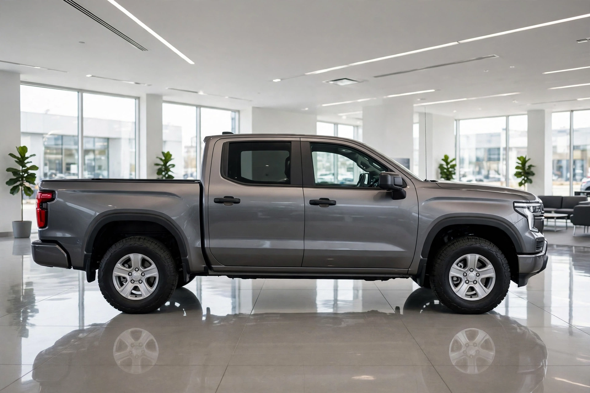 New pickup truck on a showroom floor, Trump fuel efficiency rules rollback for automakers