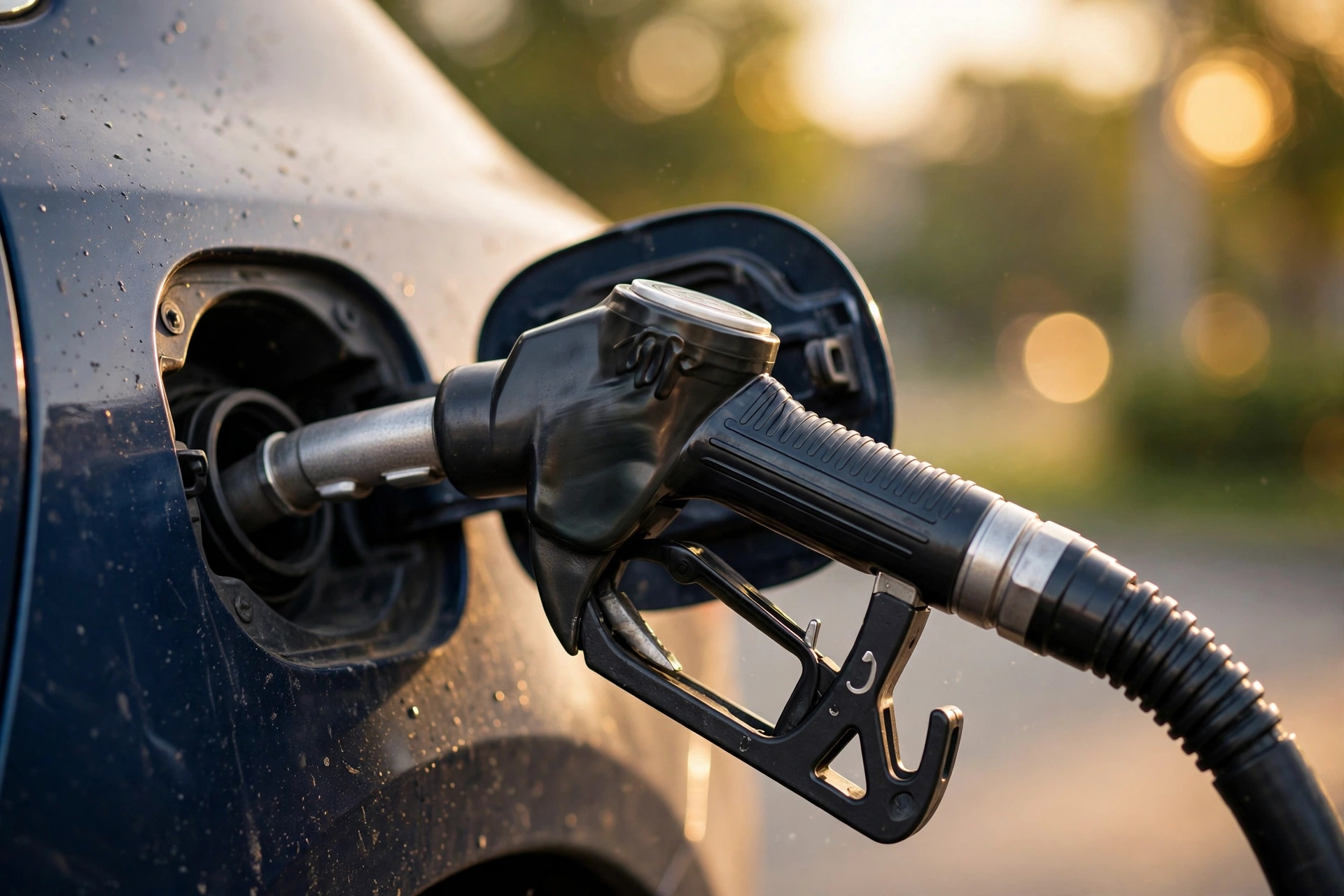 Fuel pump nozzle at a gas station with rising price display out of focus, gas prices