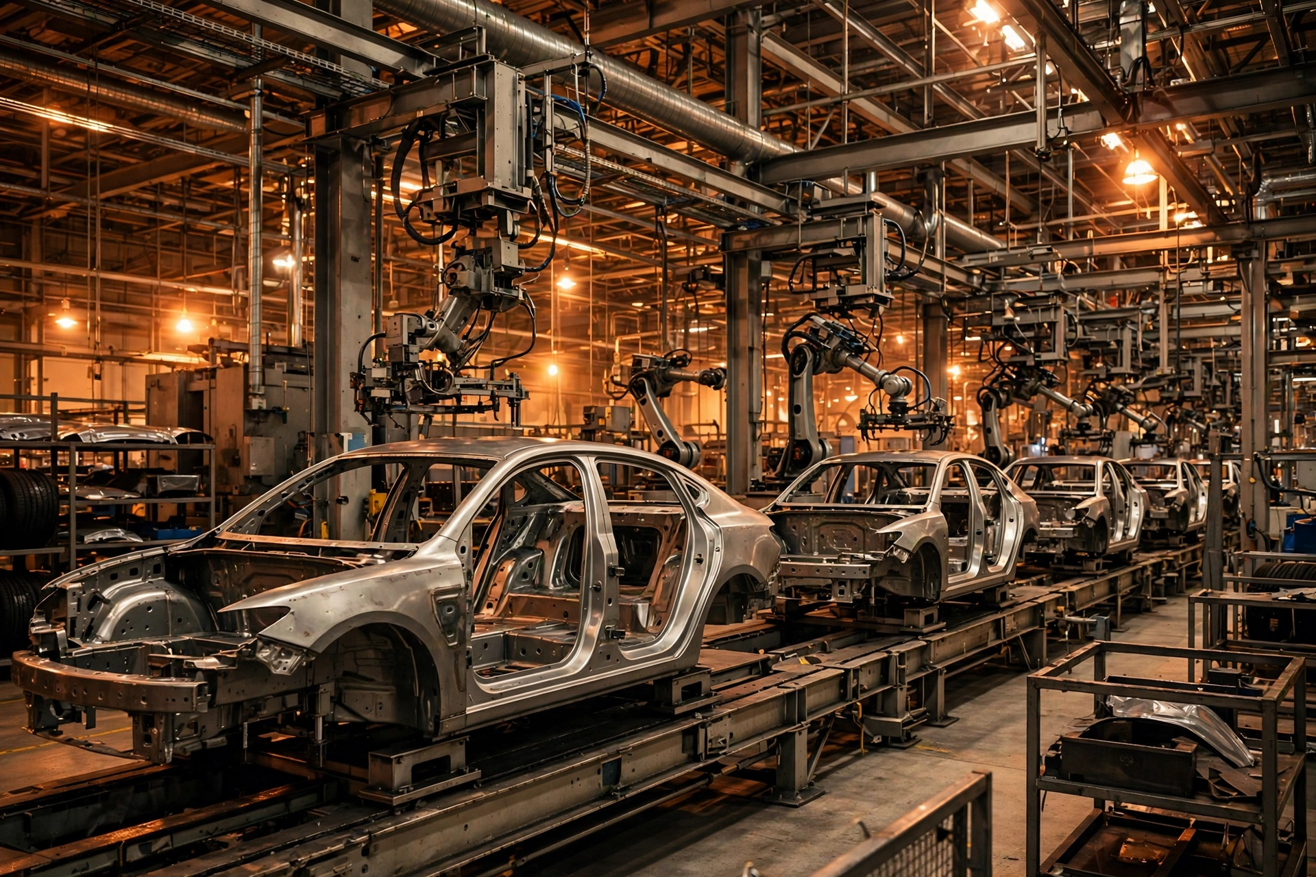 Car factory assembly line with vehicle bodies, automakers production