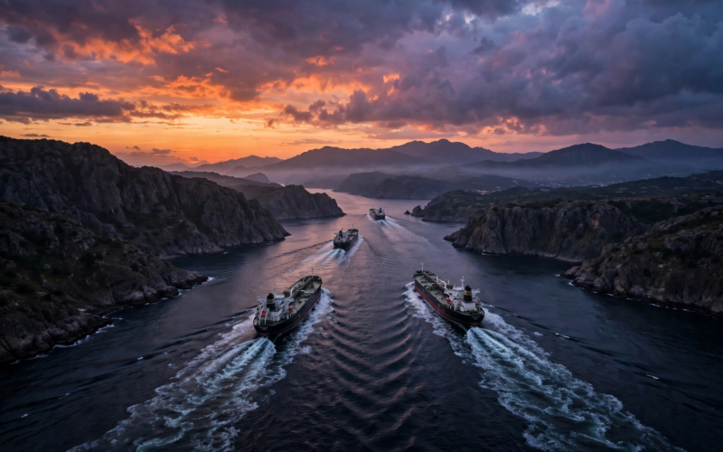 Oil tankers sailing through the Strait of Hormuz at dusk as the Trump Iran Hormuz proposal is rejected