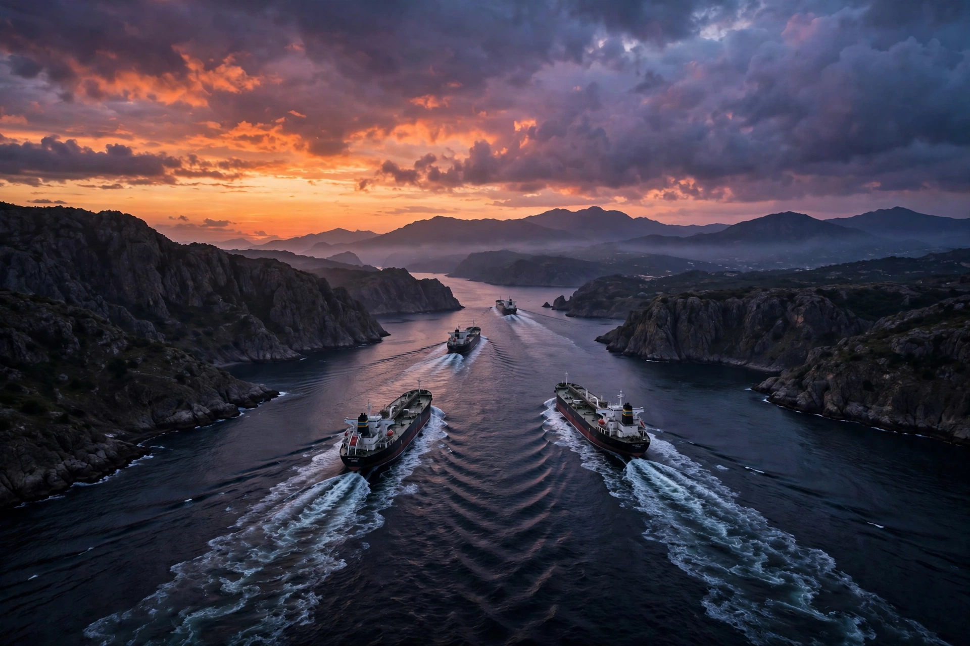 Oil tankers sailing through the Strait of Hormuz at dusk as the Trump Iran Hormuz proposal is rejected