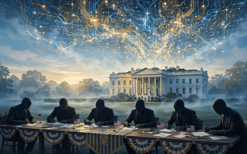 White House illustration of tech CEOs signing the Trump Super Intelligence accord on AI safety