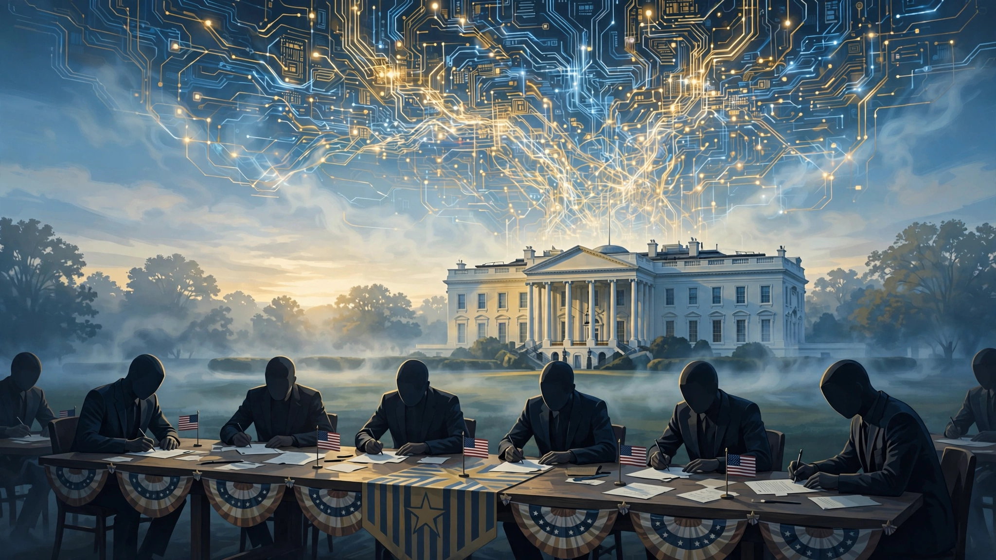 White House illustration of tech CEOs signing the Trump Super Intelligence accord on AI safety