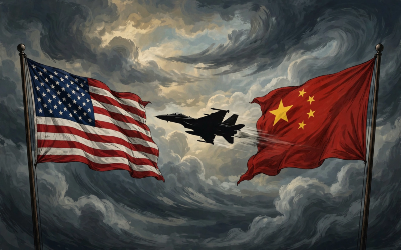 American and Chinese flags with a fighter jet silhouette between them, symbolizing Trump asking Xi if China wanted to buy US weapons