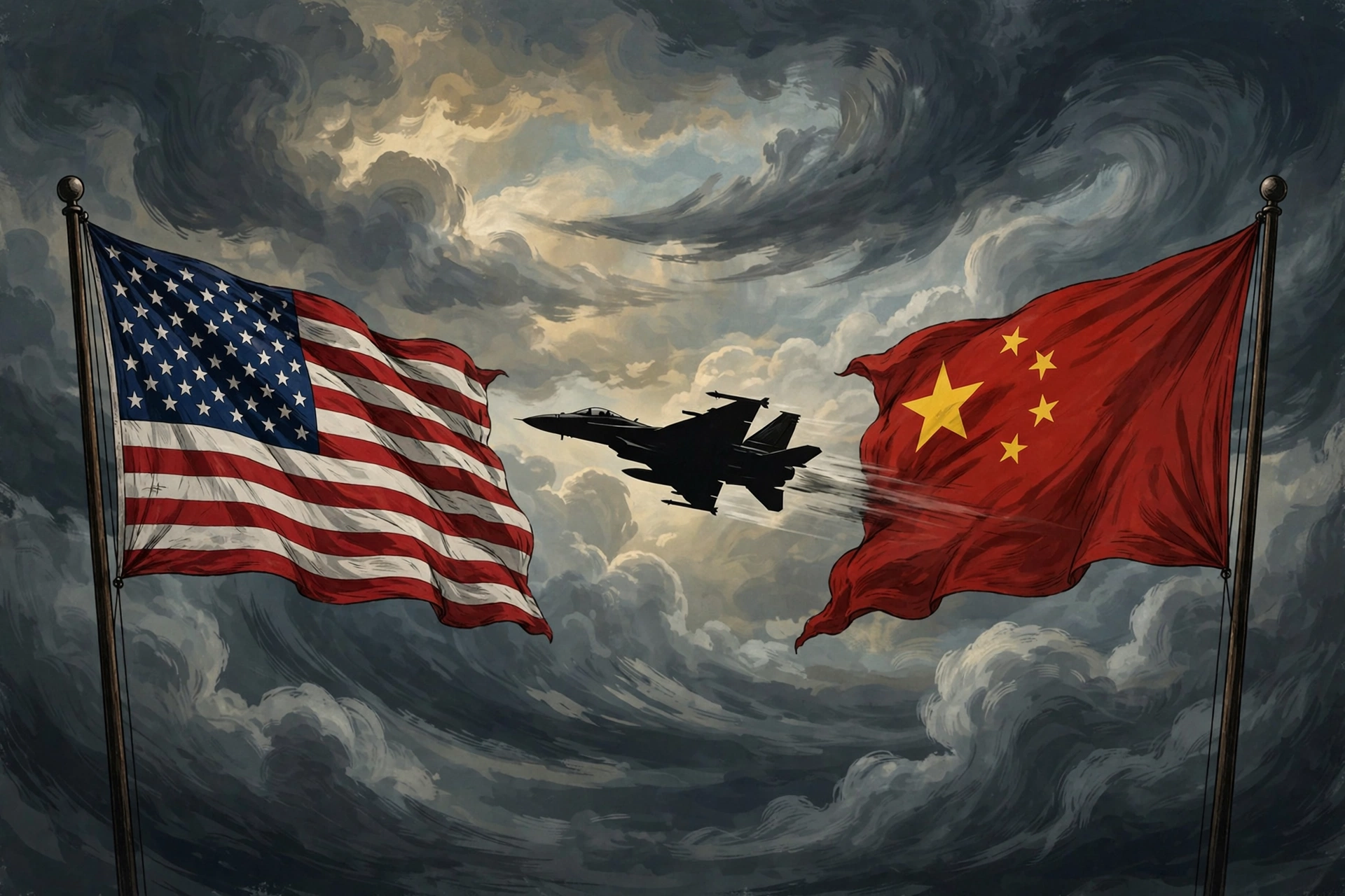American and Chinese flags with a fighter jet silhouette between them, symbolizing Trump asking Xi if China wanted to buy US weapons