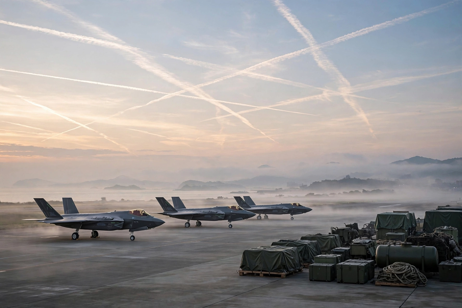 Fighter jets on a runway at dawn amid the Taiwan arms sale debate after the Trump Xi weapons offer