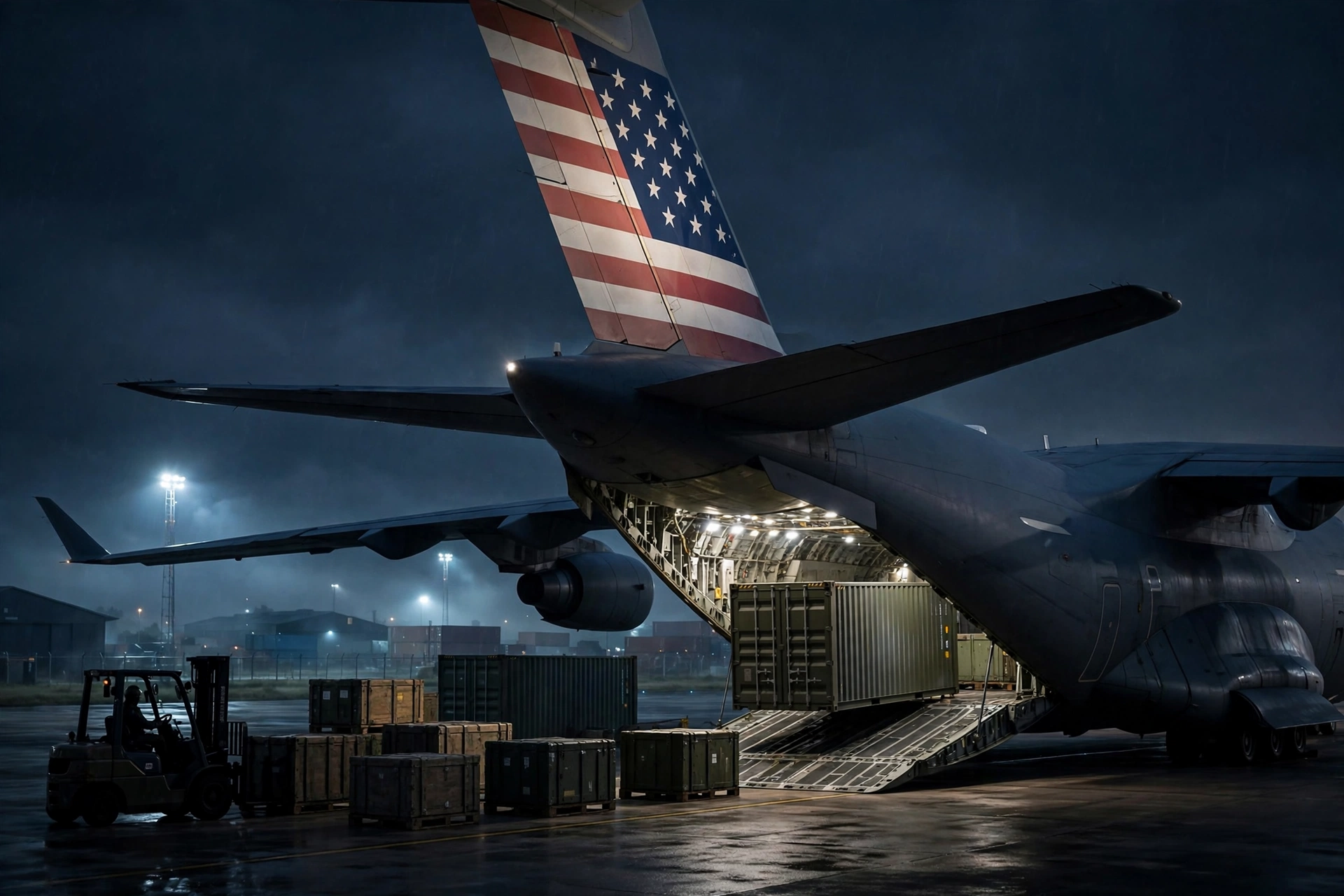 Military cargo crates being loaded onto a transport aircraft at night, illustrating the US weapons sales discussed in the Trump Xi talks