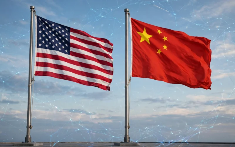 American and Chinese flags side by side with a digital communication motif, US China AI communication channel summit