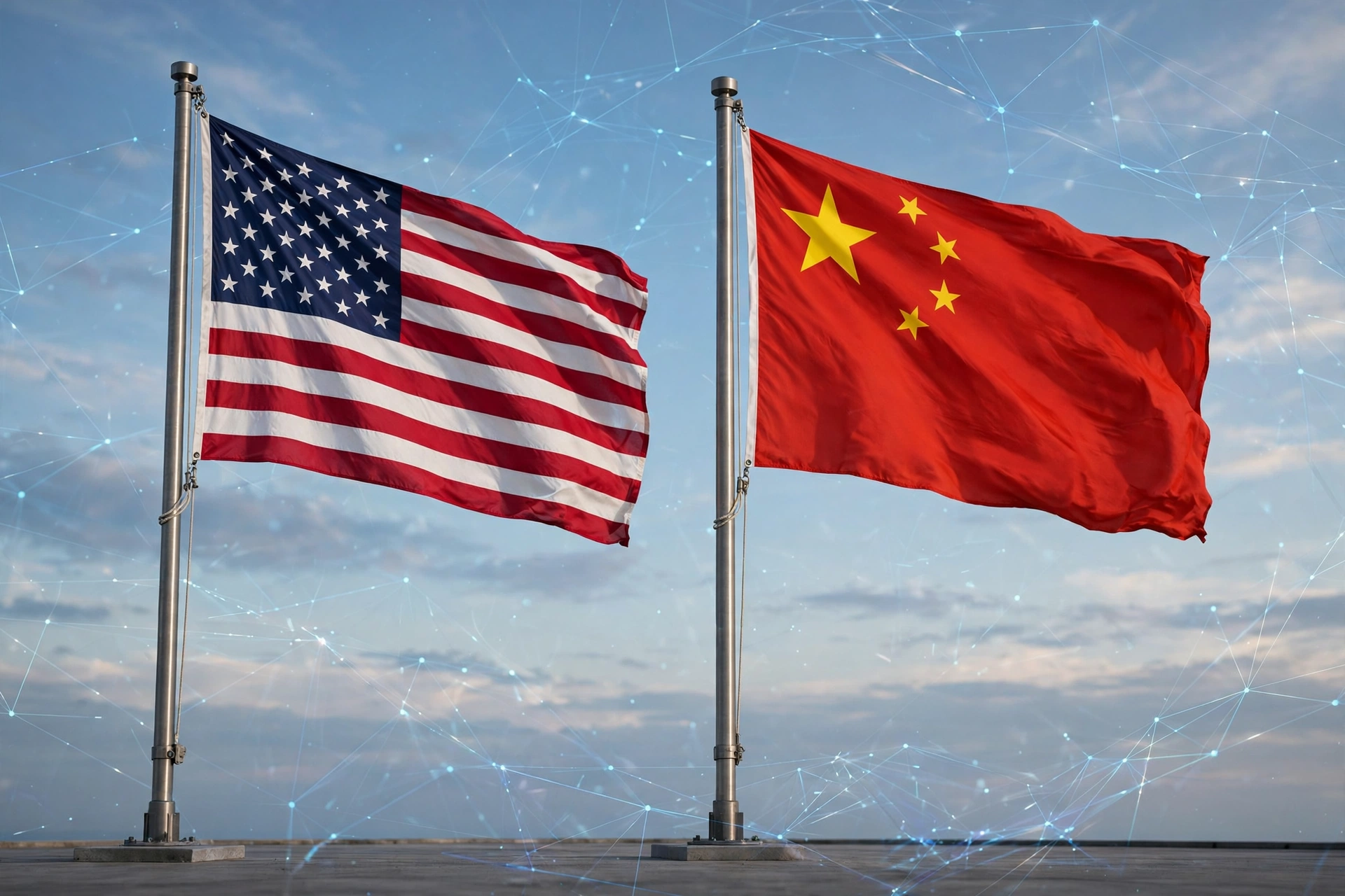 American and Chinese flags side by side with a digital communication motif, US China AI communication channel summit