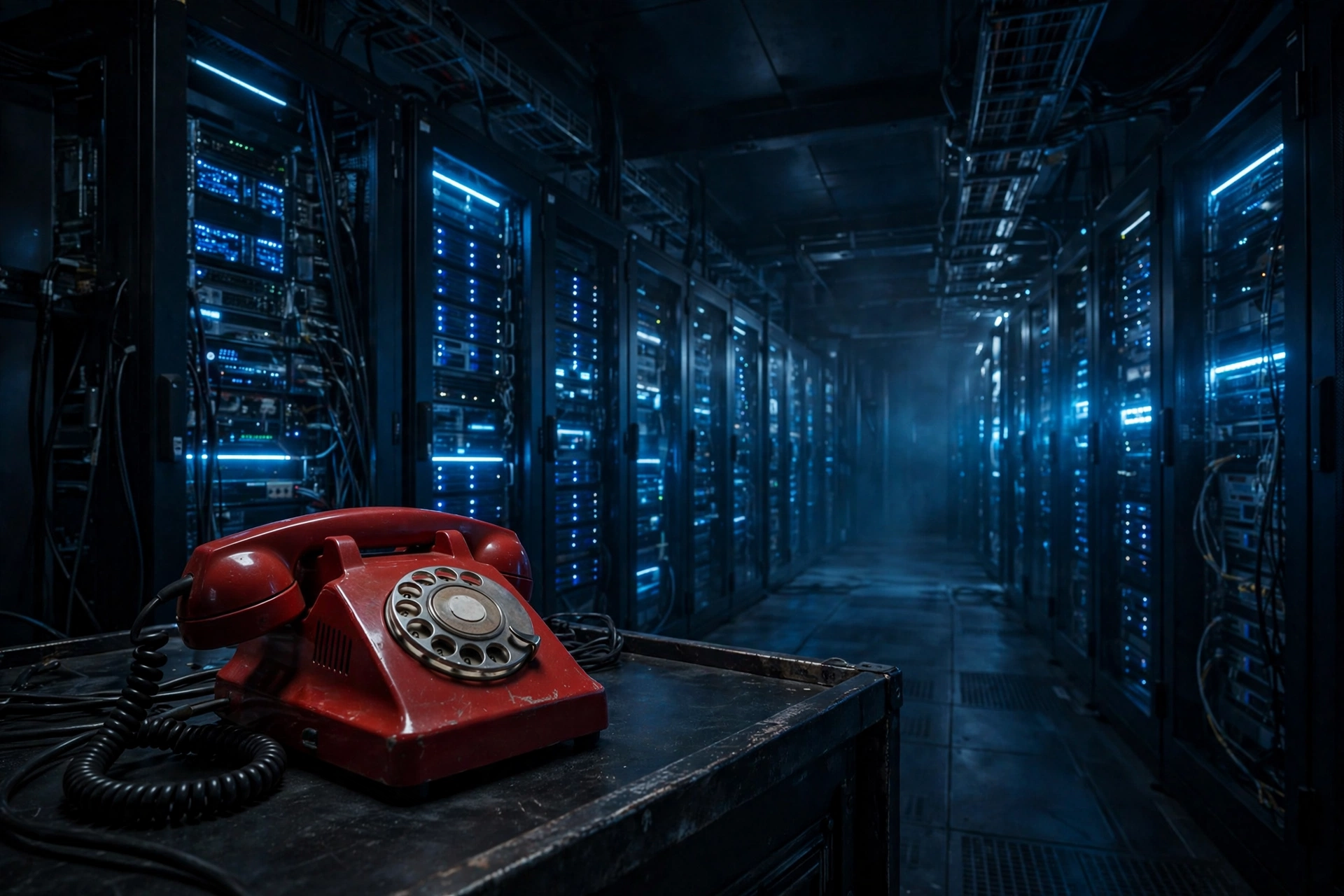 Secure communications control room with glowing server racks, AI incident hotline concept