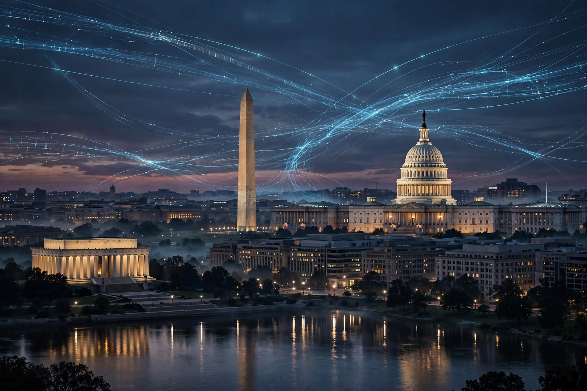 Washington DC skyline at dusk with digital data streams, US-China AI talks